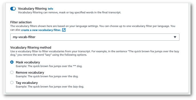 Amazon Transcribe console screenshot: vocabulary filter selection options.