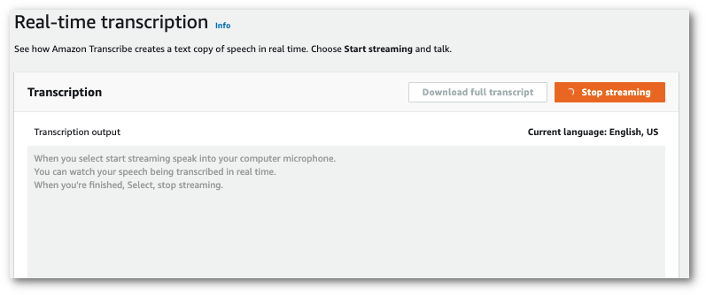 Amazon Transcribe console screenshot: example preview for a real-time transcription.