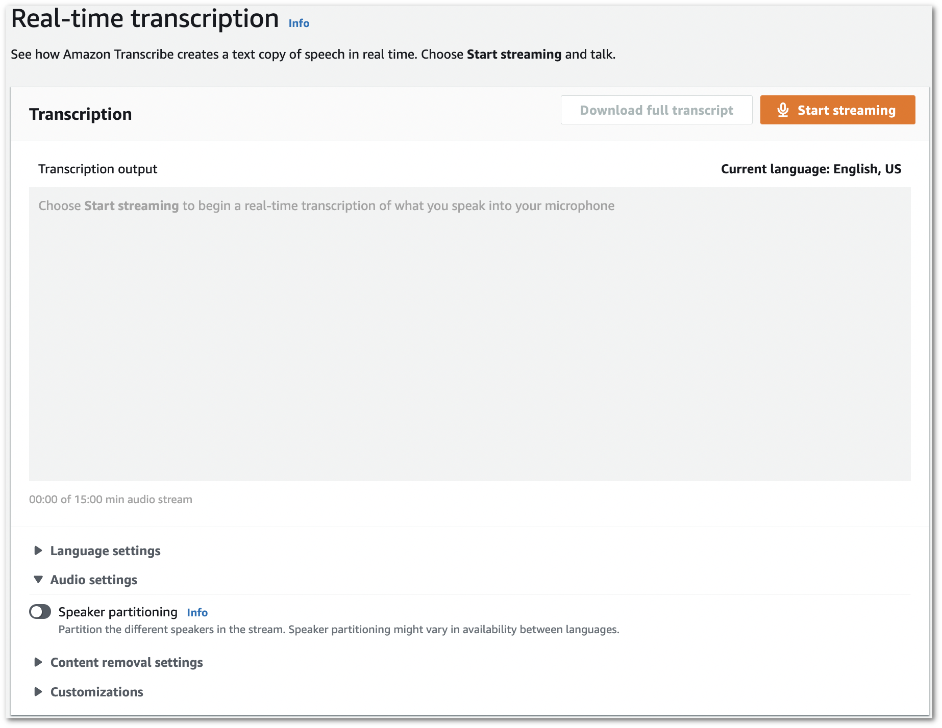 Amazon Transcribe console screenshot: the 'audio settings' tab on the 'real-time transcription' page.