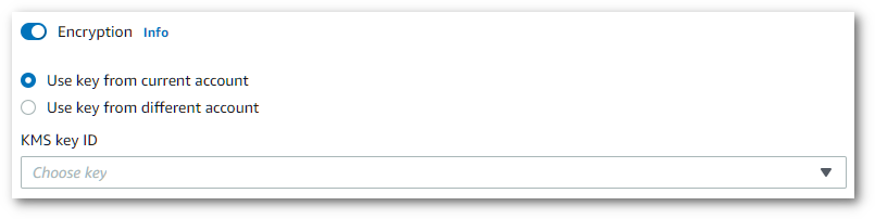 Screenshot of enabled encryption toggle and KMS key ID dropdown menu.
