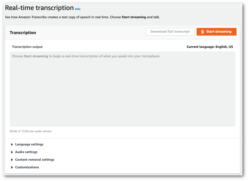 Amazon Transcribe console screenshot: the 'real-time transcription' page.