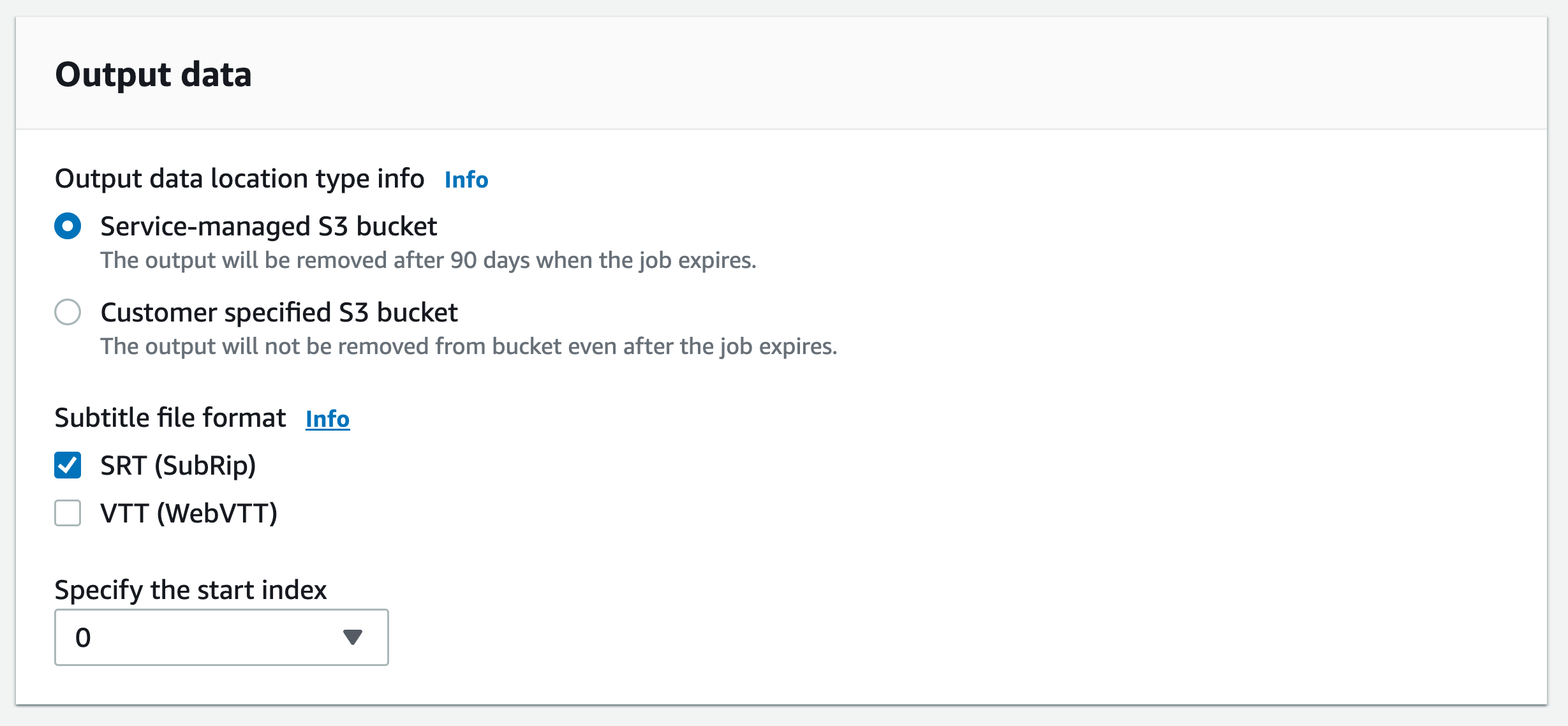 
                    Amazon Transcribe console screenshot: the 'output data' pane on the 'specify job 
                        details' page.
                