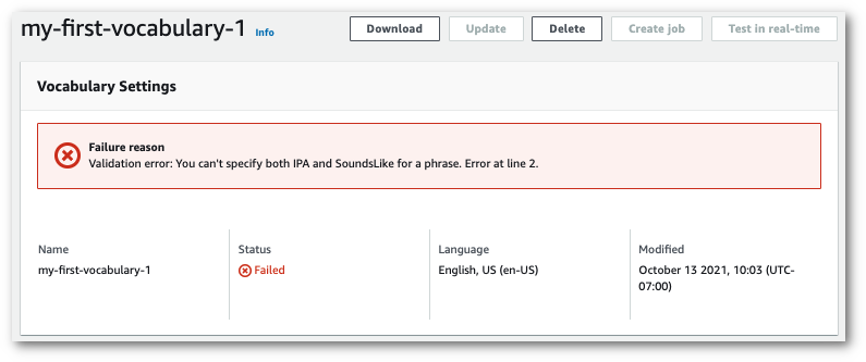 Amazon Transcribe console screenshot: vocabulary's information page shows failure reason.