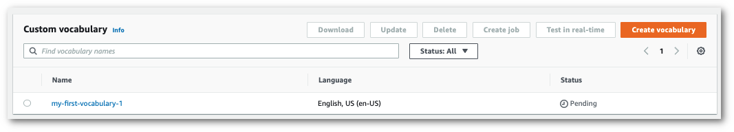 Amazon Transcribe console screenshot: custom vocabulary in pending status while processing.