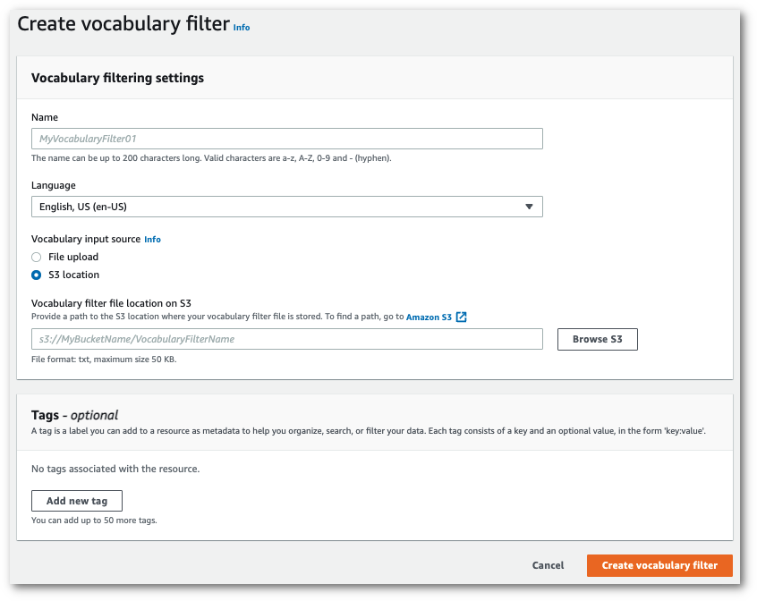 Amazon Transcribe console screenshot: the 'create vocabulary filter' page.