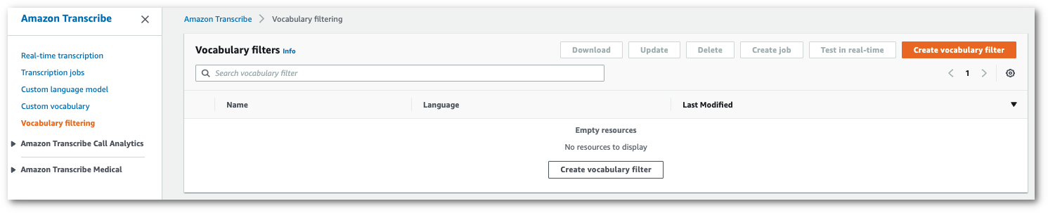 Amazon Transcribe console screenshot: the 'vocabulary filters' page.