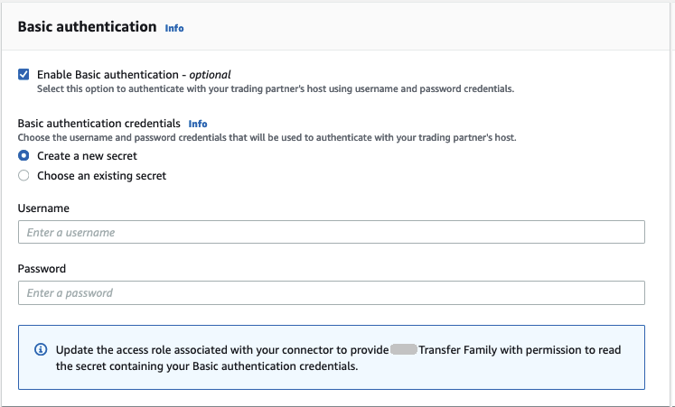 The Create connector page in the Amazon Transfer Family console, showing the Basic authentication section with Create a new secret chosen.