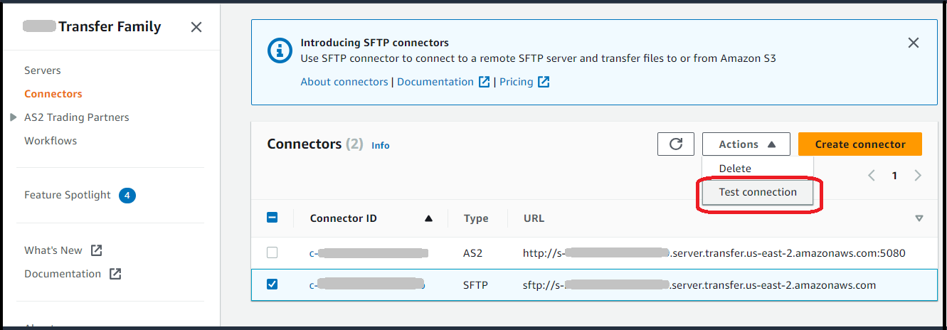 
                            The Transfer Family console, showing an SFTP connector selected, and the
                                    Test connectionTest connection action
                                highlighted.
                        
