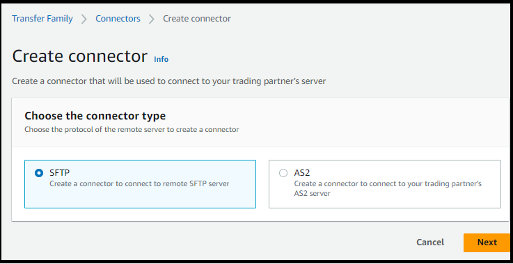 
                                        The Transfer Family console, showing the Create
                                            connector page, where you choose the
                                            connector type. SFTP is
                                            selected.
                                    