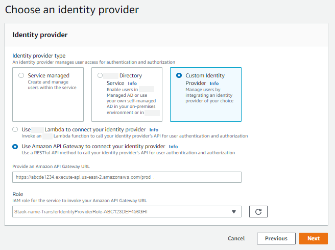 The identity provider screen with Custom Identity Provider selected, and with the API Gateway chosen for connecting to your identity provider.
