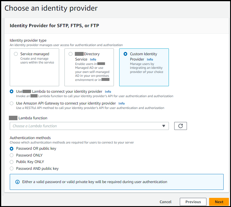 
                            The Choose an identity provider console section with
                                Custom identity provider selected.
                        