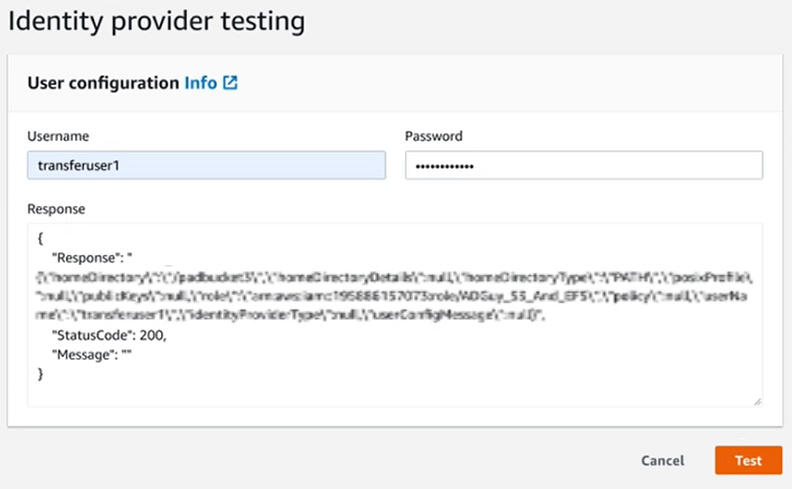 
                Console screenshot of the successful identity provider testing
                    response.
            