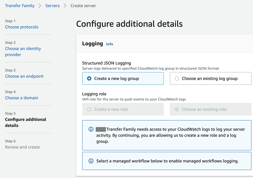 
                Logging pane for Configure additional details in the Create server wizard.
                    Create a new log group is selected.
            