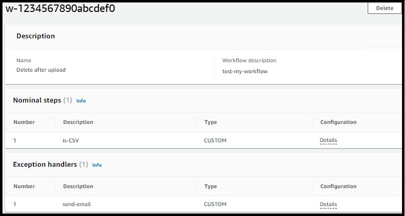 
                Amazon Transfer Family console, showing an example workflow with one nominal step and one
                    exception-handling step.
            