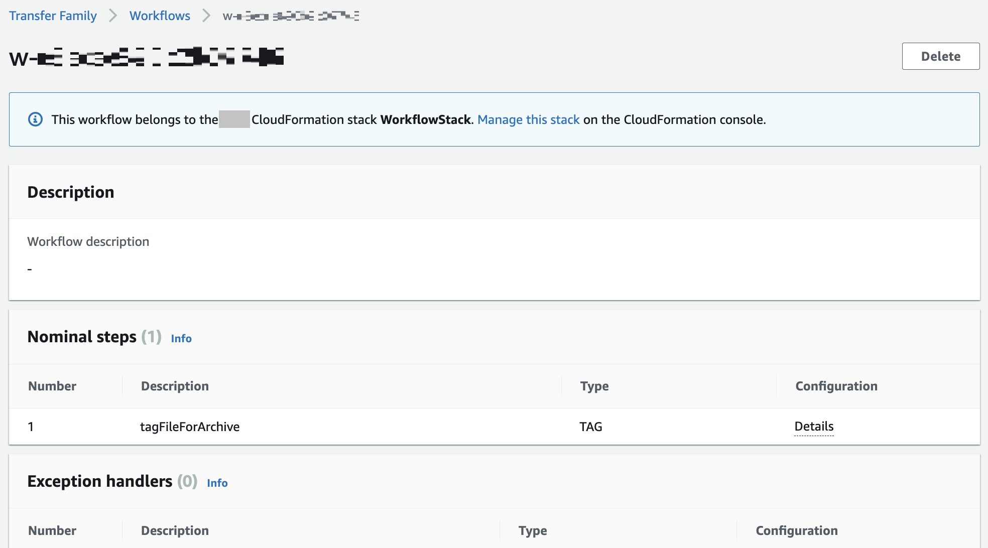 The Workflows details screen for a workflow that is part of an Amazon CloudFormation stack, showing the message that you manage this workflow in CloudFormation.
