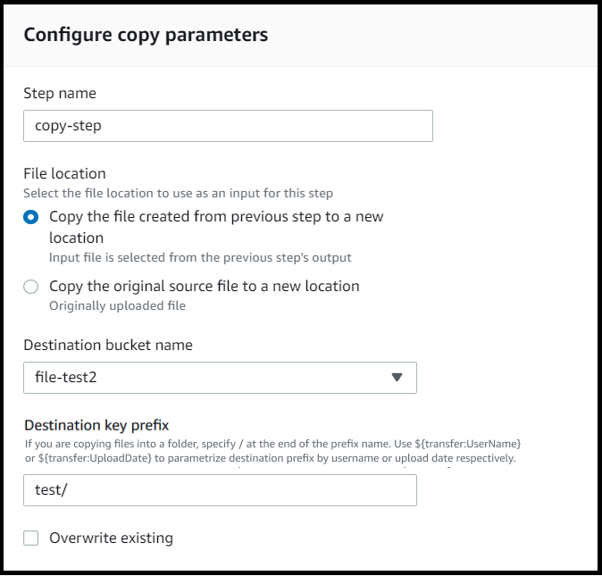 
                    The copy step configuration screen for a workflow, with Copy
                            the file created from previous step to a new location radio
                        button selected.
                