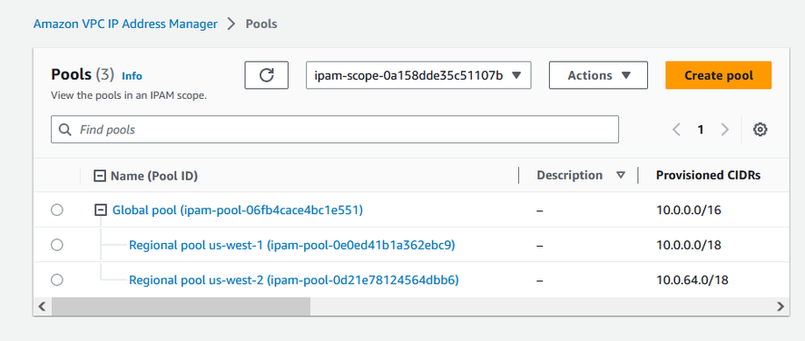Pools view with three pools in the IPAM console.