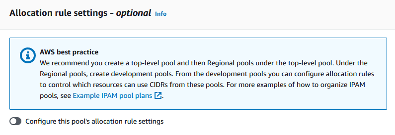 
            The Configure this pool’s allocation rule settings toggle in the IPAM console.          
          