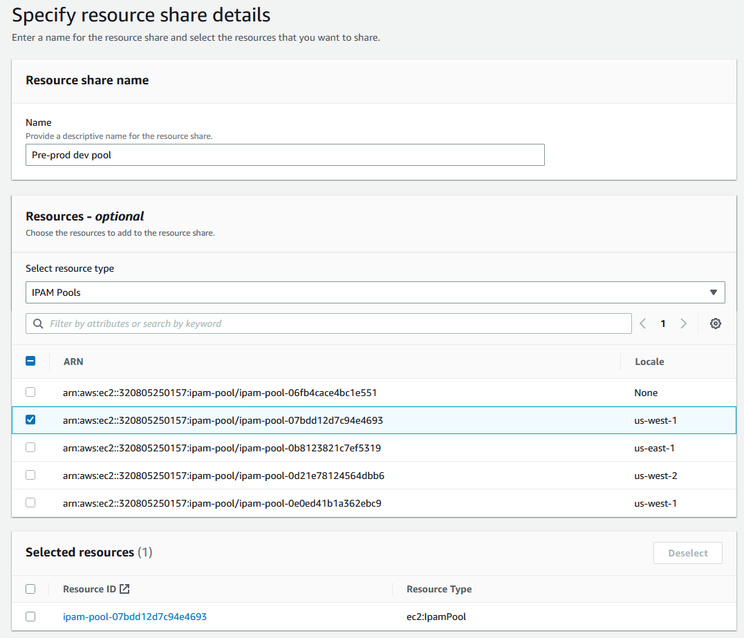 
                Creating a resource share in the Amazon RAM console.          
              