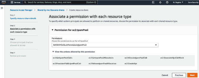 Associating permissions on a resource share in the Amazon RAM console.