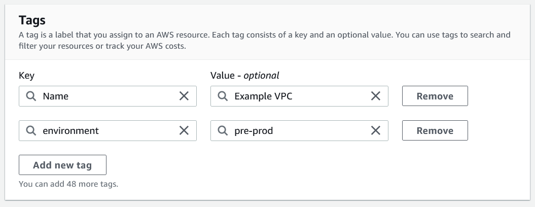 
              Adding tags to a VPC in the Amazon VPC console.          
            