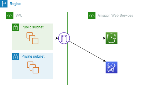 
        By default, traffic from your VPC to Amazon S3 or DynamoDB is routed through an internet 
          gateway, but does not leave the Amazon network.
      