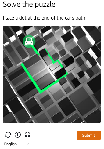 A screen contains the title "Solve the puzzle" and the text "Place a dot at the end of the car's path". Below the text is a maze-like image in black and white with a car and the car's path outlined in green. At the bottom of the screen are the same options that the grid puzzle had, and the button "Submit".