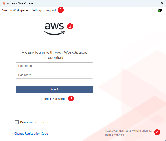 WorkSpaces client sign in screen - Legacy login flow