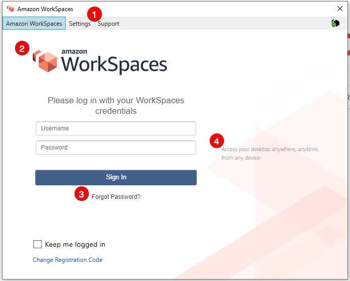 WorkSpaces client sign in screen