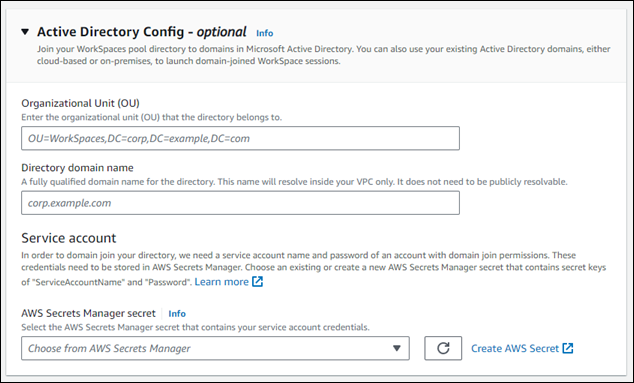 The Active Directory Config section of the Create WorkSpaces Pool directory page