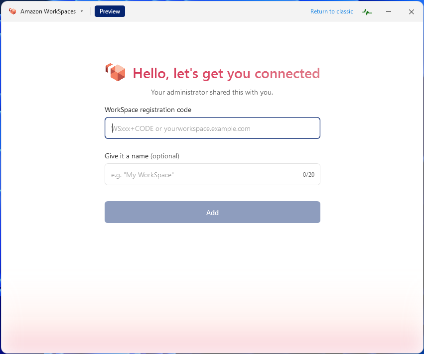 The registration screen for adding a WorkSpace with a registration code and friendly name.