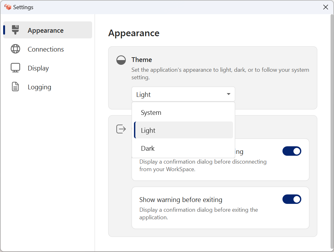 The Appearance settings showing light, dark, and system theme options in the new client experience.