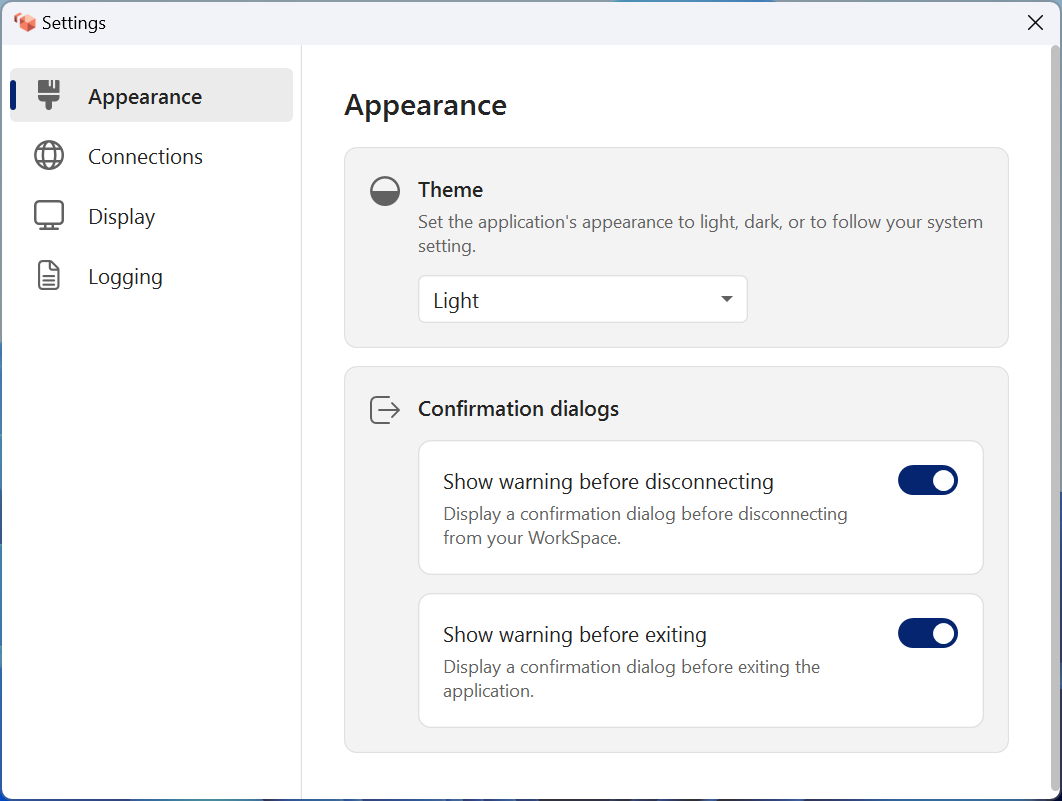 The Appearance settings with the Confirmation dialogs options.