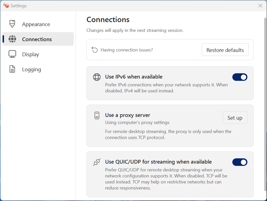 The Connections settings with the Use IPv6 when available toggle.