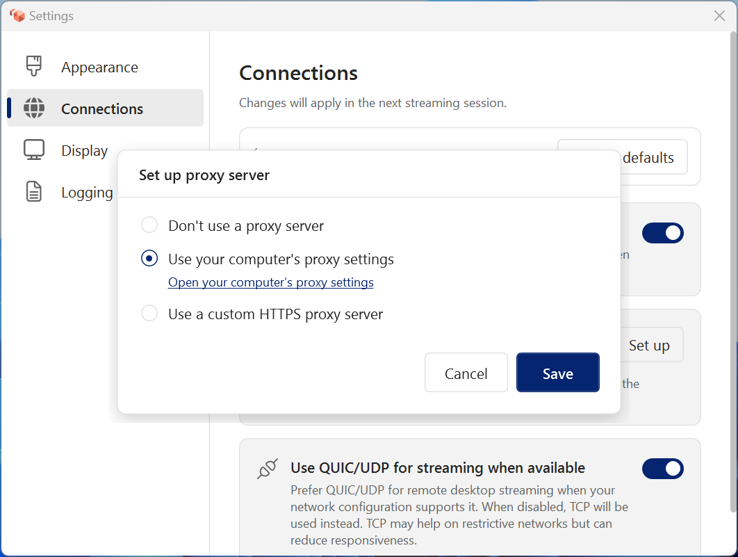 The Connections settings showing proxy server options.