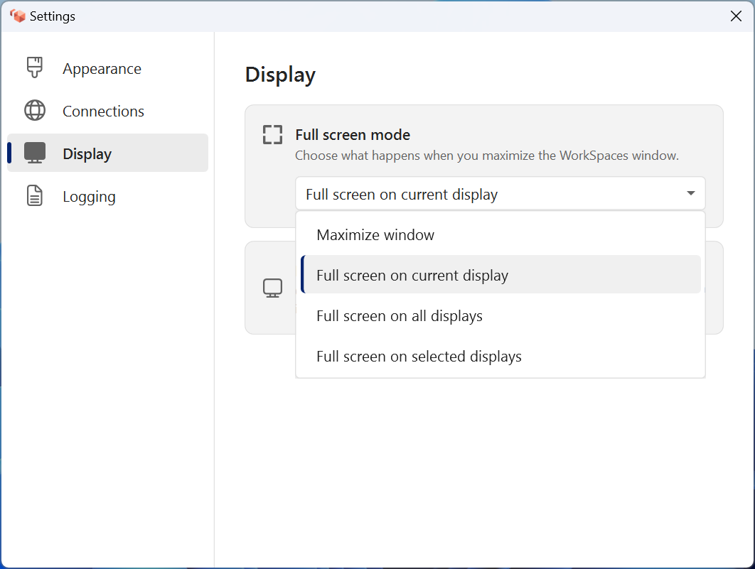 The Display settings showing full screen mode options in the new client experience.