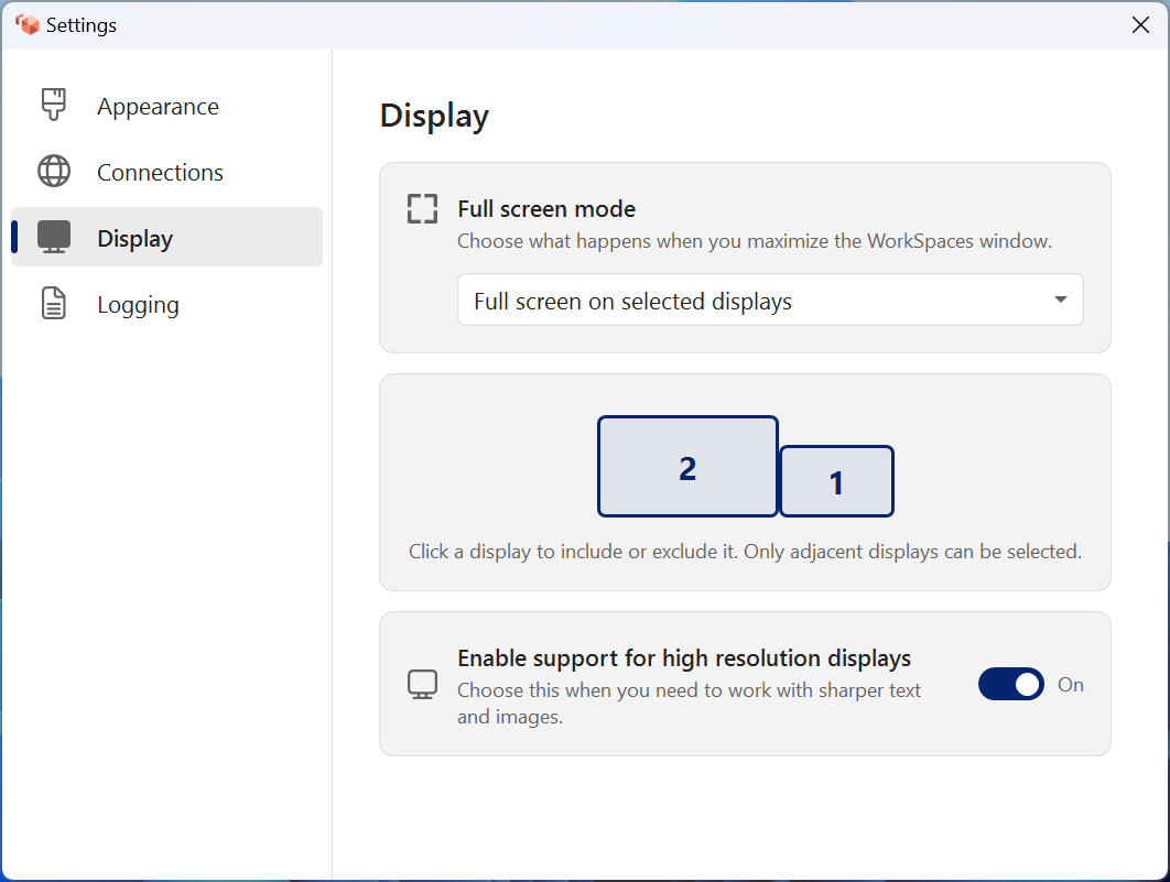 The Display settings with the full screen on selected displays option.
