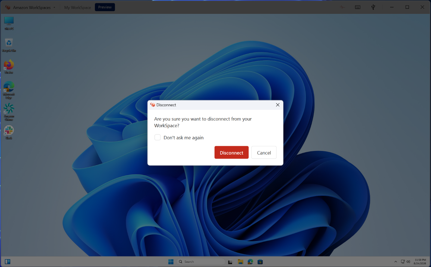 The Amazon WorkSpaces menu showing the Exit option in the new client experience.