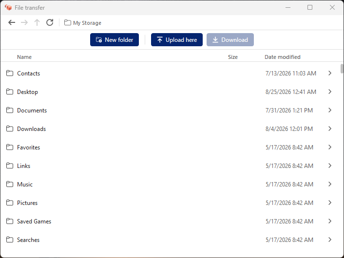 The File transfer window with upload, download, and folder navigation controls.