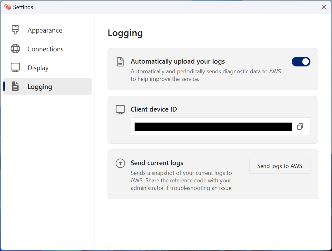 The Logging settings with automatic upload and Send logs to Amazon options.