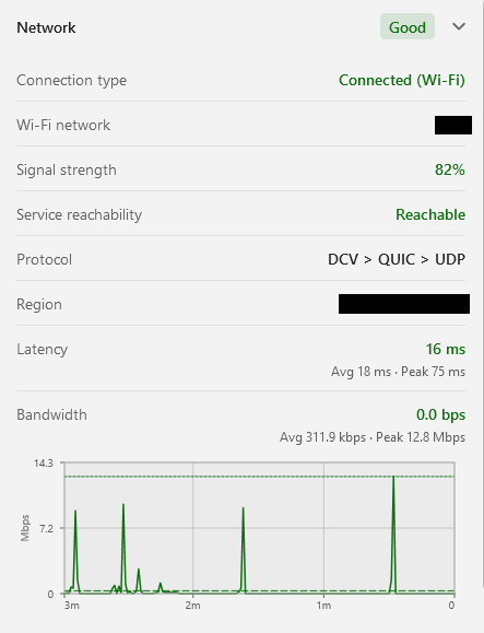 The Session Health panel showing network status, service reachability, and latency.