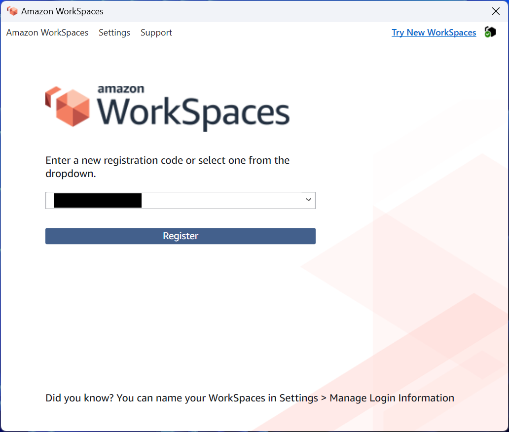 The WorkSpaces Windows client with the Try New WorkSpaces link in the upper-right corner.