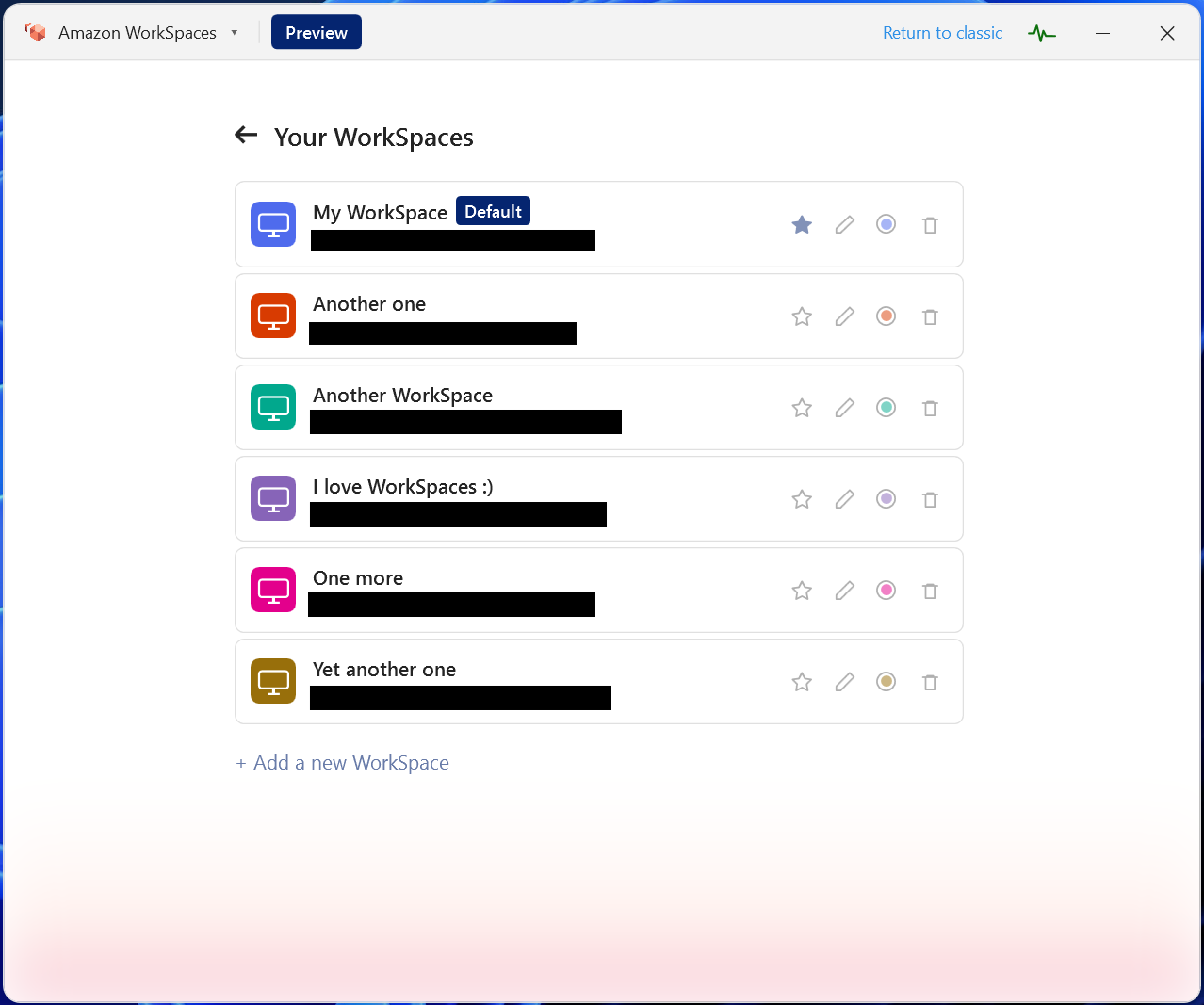 The WorkSpace list with options to set default, rename, change color, and remove a WorkSpace.