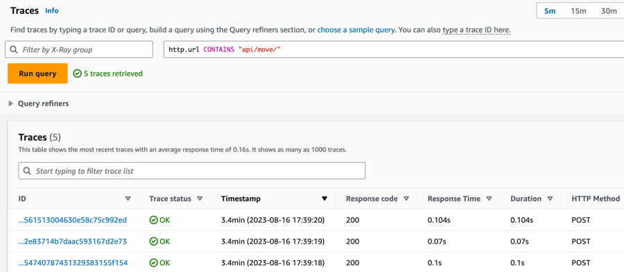 Select a trace to view details about individual requests