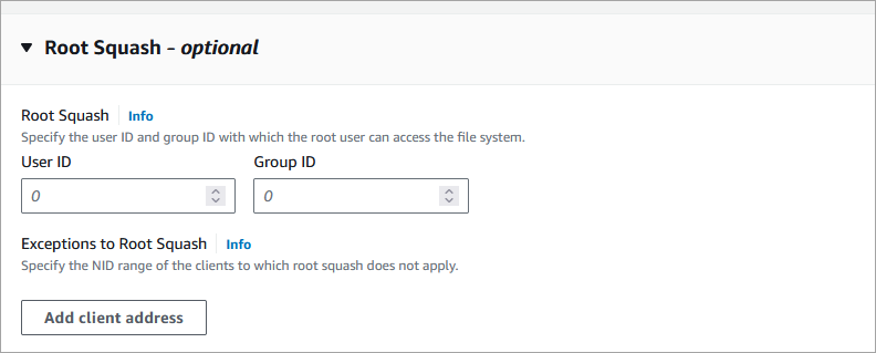 
                FSx for Lustre Create rile 系统控制台页面的 root squash 部分。
              