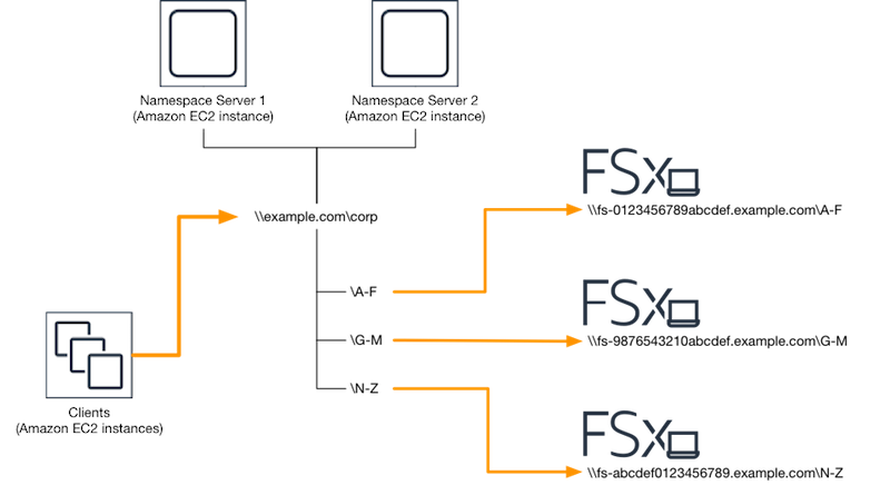 
    该图显示了 Amazon FSx 上用于横向扩展性能的 DFS 解决方案的配置。
   