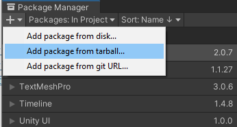 突出显示了“Package Manager”选项卡中“+”图标下的“从 tarball 添加软件包”。