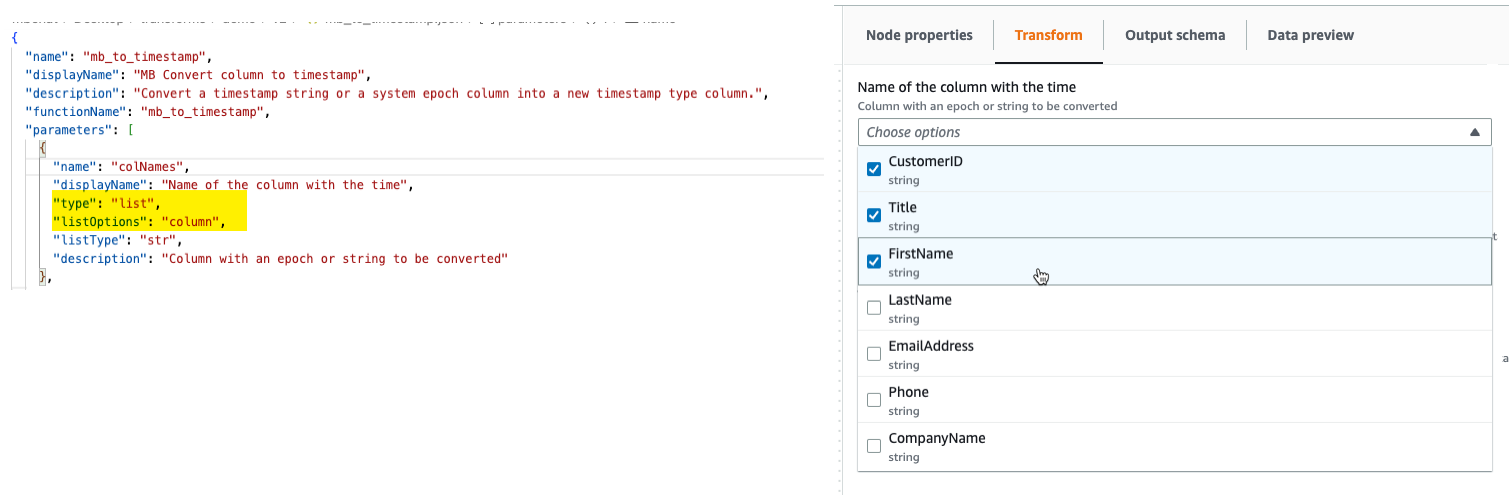 屏幕截图显示了一个示例 JSON 文件，其中 listOptions 参数设置为“column”，类型设置为“list”，生成的用户界面显示在 Amazon Glue Studio 中。