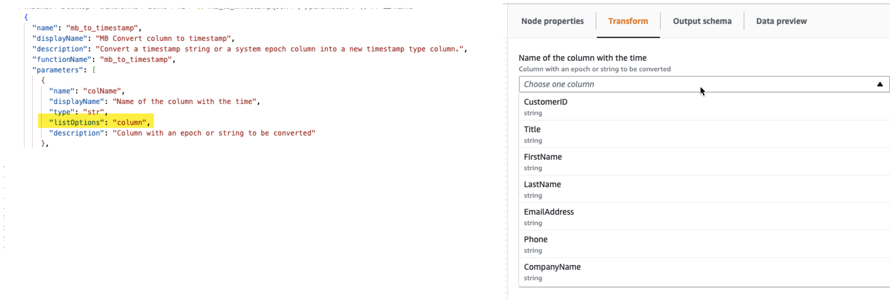 屏幕截图显示了一个示例 JSON 文件，其中 listOptions 参数设置为“column”，生成的用户界面显示在 Amazon Glue Studio 中。