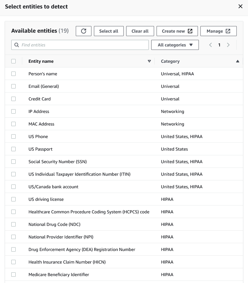 
                 屏幕截图显示了预定义 Amazon 实体列表中的选项。
            
